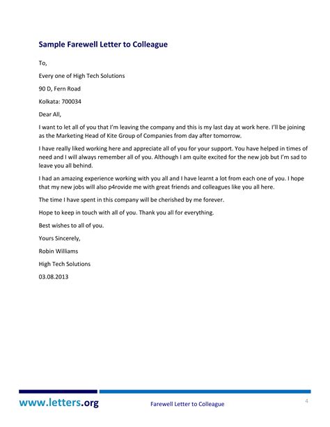 Farewell Letter To Colleagues Free Letters Farewell Letter To