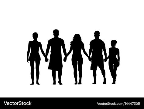 Silhouette People Group Stand Holding Hands Man Vector Image