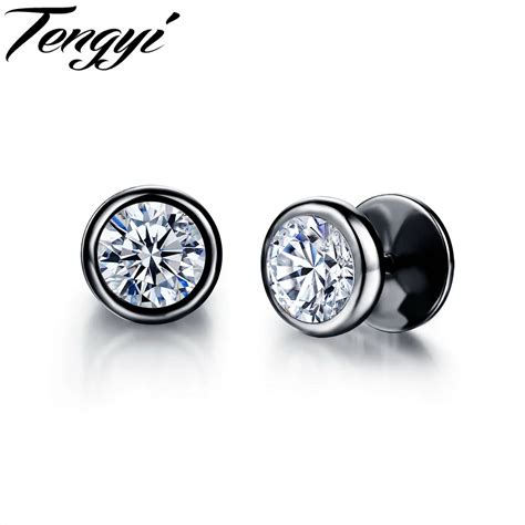 Fashion Stainless Steel Stud Earrings Round Crystal Stone Paved