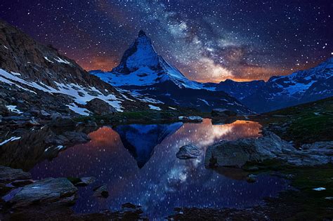 Hd Wallpaper Lake Surrounded By Mountains Wallpaper The Sky Stars