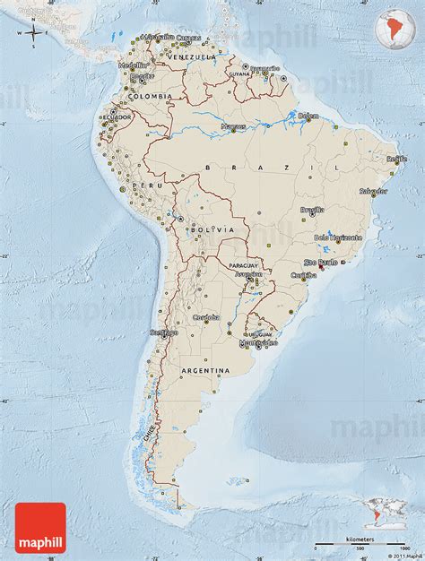 Shaded Relief Map Of South America Lighten