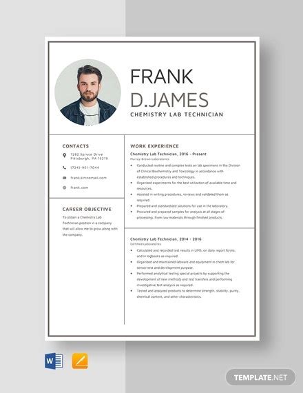 For example, if you have a ph.d in neuroscience and a master's in the same sphere, just list your ph.d. Lab Technician Resume Template - 11+ Free Word, PDF ...