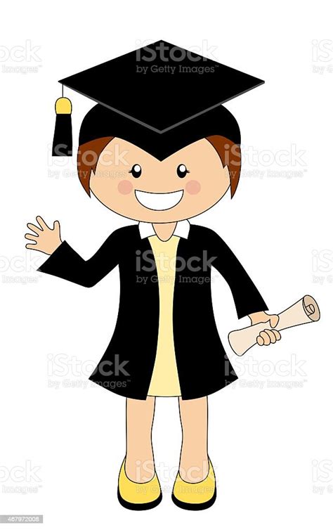 Cartoon Girl In Gown Graduate Holding A Scroll Diploma Stok Vektör
