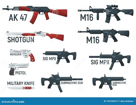 Conjunto De Armas Revólver De Fusil Militar Y Pistola Escopeta Cuchillo