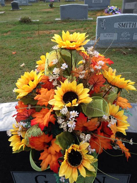 Fall Cemetery Vase Using Sunflowers Mixed Leaves Cream Filler Flowers