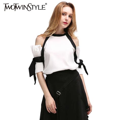twotwinstyle summer sexy off shoulder tops female blouses tunic pleated flare sleeve chiffon