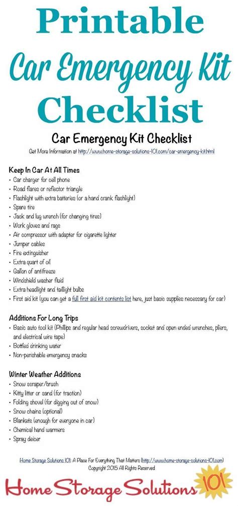 Free Printable Car Emergency Kit Checklist With All The Essentials You