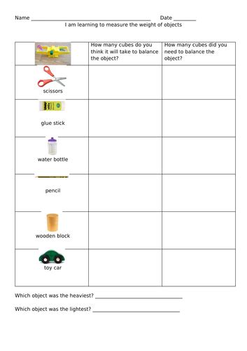 Worksheet Measuring Weight Of Classroom Objects Using Balance Scales