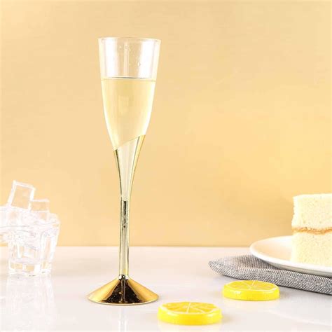 Plastic Champagne Flutes Disposable 5oz 6 Pack 2 Piece Gold Colored Detachable Base
