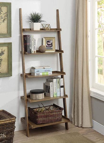 Rustic Brown 5 Tier Ladder Bookcase Bookshelf Leaning Wall Shelf