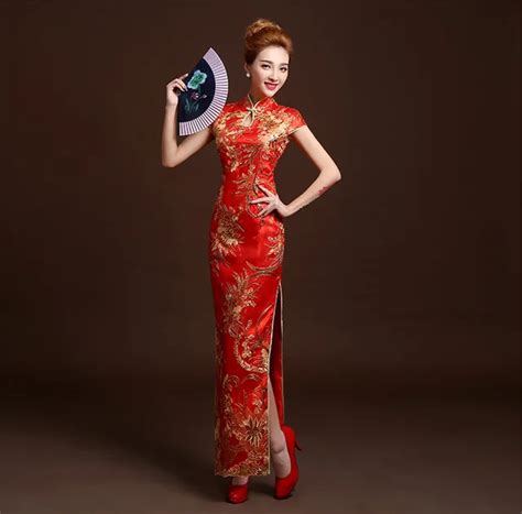 Red Cheongsam Dress Long Mermaid Qipao Dresses Phoenix Lace Traditional Chinese Patterns Wedding
