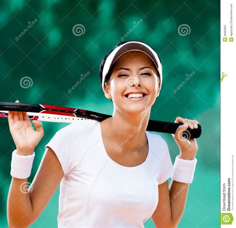 Sportswoman With Racquet At The Tennis Court Stock Image Image Of