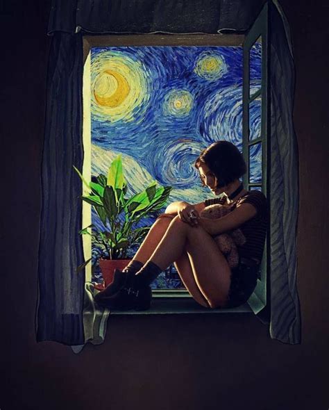 “girl At The Window” Painting By Salvador Dali And Van Gogh Starry Night Portraits Illustrés
