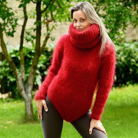 Red Hand Knit Mohair Sweater Bodysuit Fuzzy Dress Pullover By