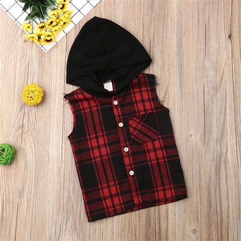 Gaono Infant Baby Boy Plaid Hoodie Clothes Sleeveless Summer Toddler