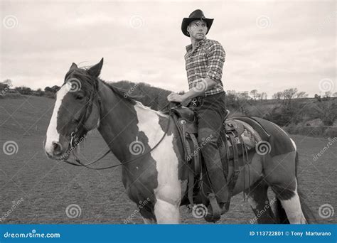 Cowboy On Horseback Horse Riding With Chequered Shirt Field Hill