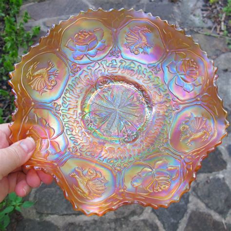 Antique Fenton Dragon And Lotus Marigold Carnival Glass Bowl Pink Carnival Glass