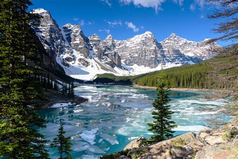 View Of Valley Of The Ten Peaks Moraine Lake With Blue Sky In Springs