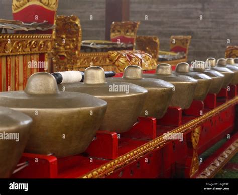 Gamelan Balinese Orchestra Musical Instruments Set Of Photos Scene