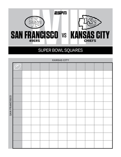 2024 Super Bowl Squares 49ers Chiefs Printable Party Sheet Espn