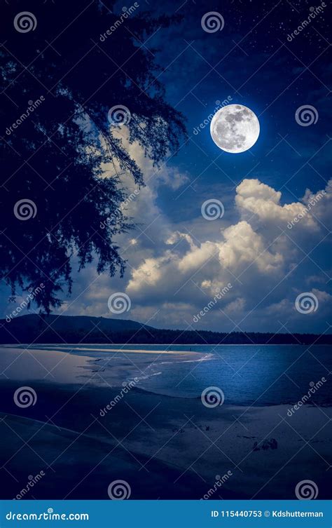 Landscape Of Sky With Full Moon On Seascape To Night Serenity N Stock