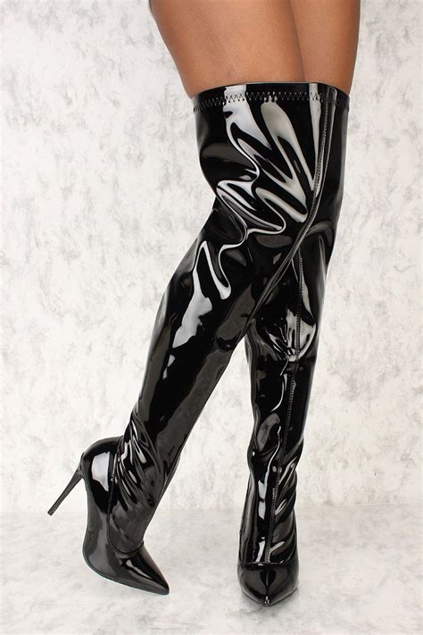 buy sexy black pointy toe thigh high ami clubwear pvc boots with cheap price and high quality