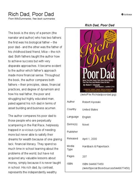 In this rich dad poor dad book summary, we'll break down some of the best lessons kiyosaki shares to help you become more financially literate. Rich Dad, Poor Dad Summary at WikiSummaries, Free Book ...
