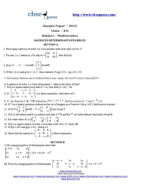 sample paper 2012 class xii subject mathematics findab andb pdf matrix mathematics