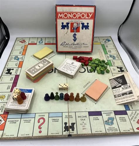 Vintage 1946 Monopoly Game Board And Rare Wooden Pawns And Houses W Money