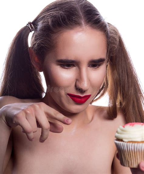 Adorable Brunette Girl With Red Lips Kissing A Tart Cake With So Stock Image Image Of Eating