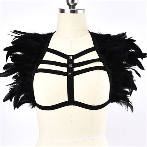 Women Feather Body Harness Sexy Lingerie Cage Bra Elastic Cage Bra Harajuku Gothic Handmade Top