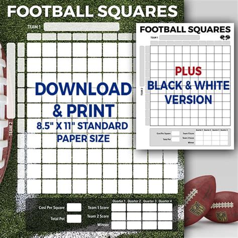 Printable 11 X 85 Football Squares Grid Max Vertical Version