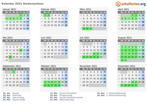 Diesen kalender 2021 erfahren sie auf dieser seite in verschiedenen formaten wie excel, pdf, word oder jpeg, etc. Kalender 2021 + Ferien Niedersachsen, Feiertage