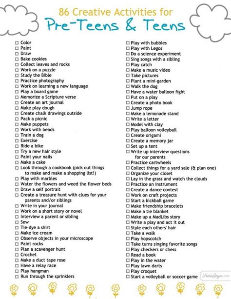 86 Creative Activities For Pre Teens And Teens Plus Printable Loco