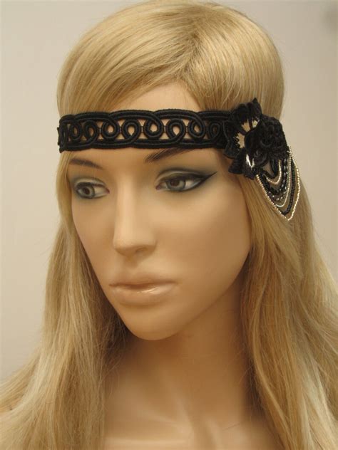 Black Hippie Guipure Headband Hair Wrap Boho Festival Etsy