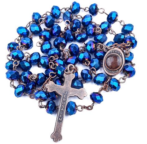 Deep Blue Crystal Beads Rosary Necklace Holy Soil Medal Cross Antique