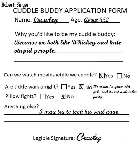 Therefore, one's natural cuddling skills can both positively affect people's lives and make a pile. Crowley Cuddle Application Form by TheQueenofLight on ...