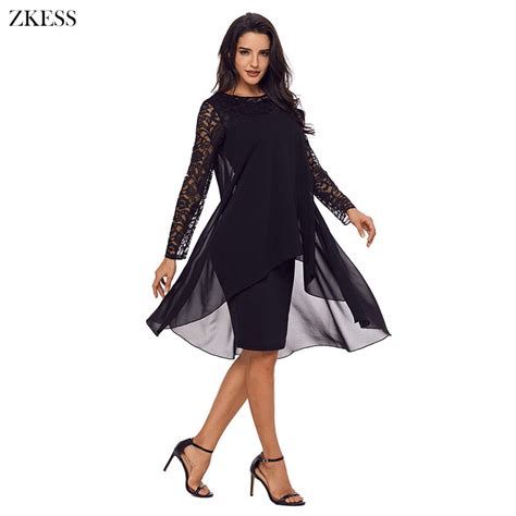 ZKESS Women Elegant Sheer Lace Patchwork Midi Dress Double Layer Hem