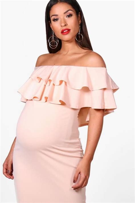 maternity lauren ruffle off the shoulder midi dress affiliate boohoo maternity maternity wear