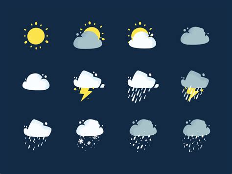 Weather Conditions Icon Set On Dark Blue Background Best For Animation