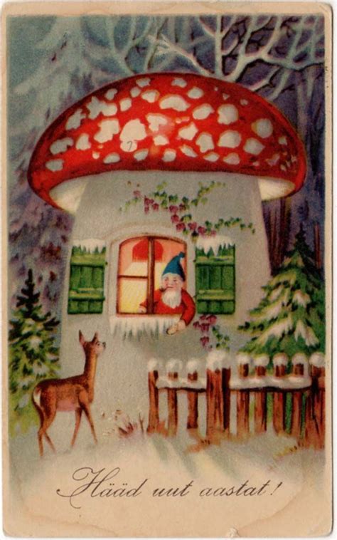 New year greeting card with quote merry and safe. Postcard of A Gnome in A Mushroom House | Christmas card art, Vintage christmas, Christmas art