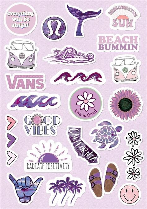 Various Stickers And Decals Are Arranged On A Purple Background With