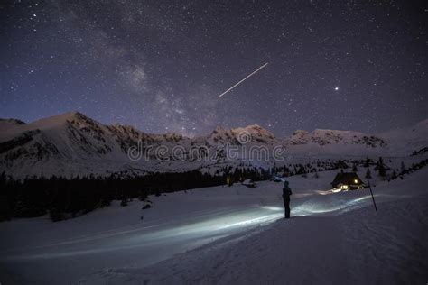 Starry Sky Over Snowy Mountain Peaks Stock Photo Image Of Starry