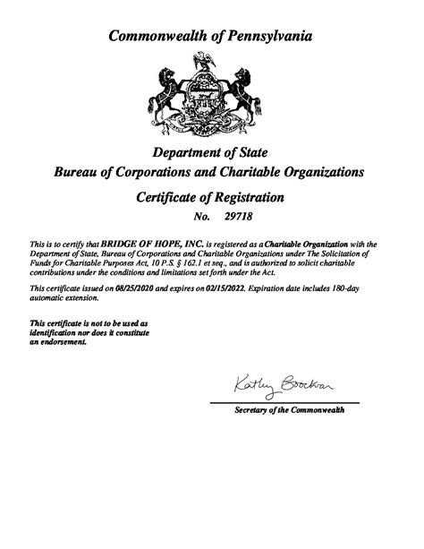 Pa Certificate Of Registration Expires 21522 Bridge Of Hope National
