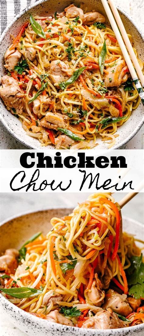 Chicken Chow Mein In A Bowl With Chopsticks Next To It And The Same Photo
