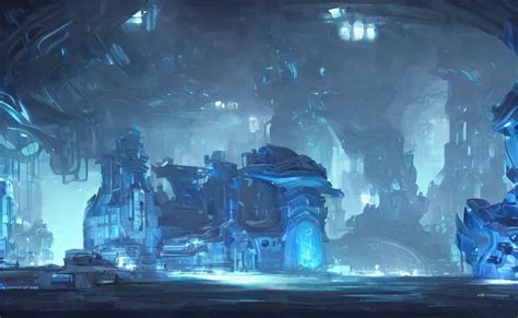 Futuristic Factory In A Dark Cave Blue Crystals Stable Diffusion