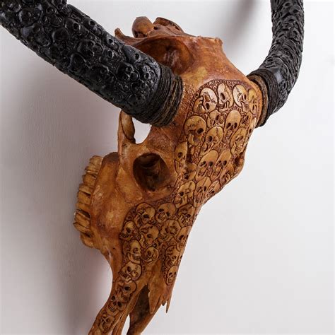 Carved Buffalo Skull Carved Horns Antique Finish Skeletons