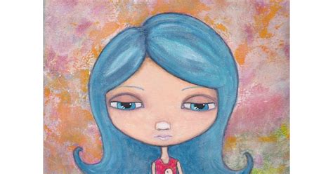 Peaceofpi Studio Blue Hair Girl With Birds Folk Art Painting