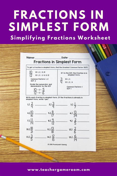 Fractions In Simplest Form Gcf Worksheet In 2022 Simplest Form