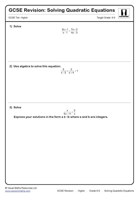 Solving Quadratic Equations Gcse Questions Gcse Revision Questions